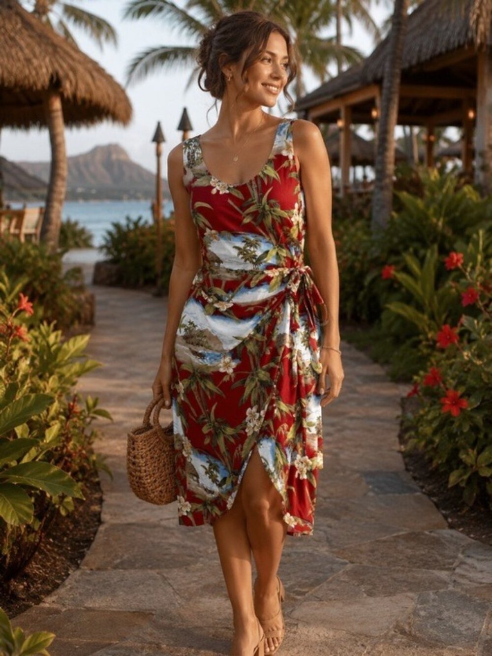 Hilo Hattie Hawaiian Tropical Wrap Midi Dress XL Red Resort Cruise Coquette